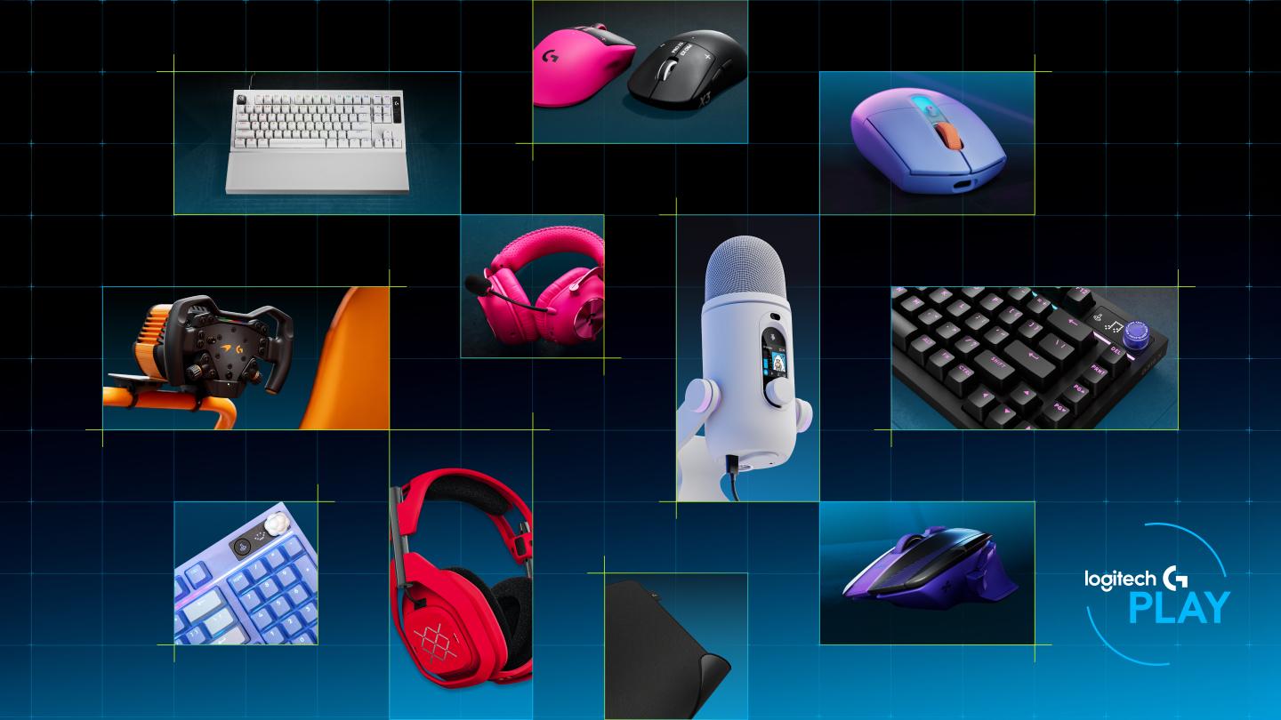 Collage of Logitech gaming gear: keyboards, mice, headsets, and a microphone on a grid background with "Logitech G Play" logo.
